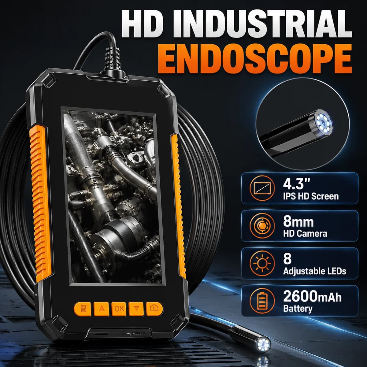 Single Dual Lens Borescope Camera 4.3" LCD 1080P HD Industrial Endoscope with Photo Video Recording 8mm Inspection Snake Camera for Car Engine Pipe Sewer Drain Automotive Wholesale