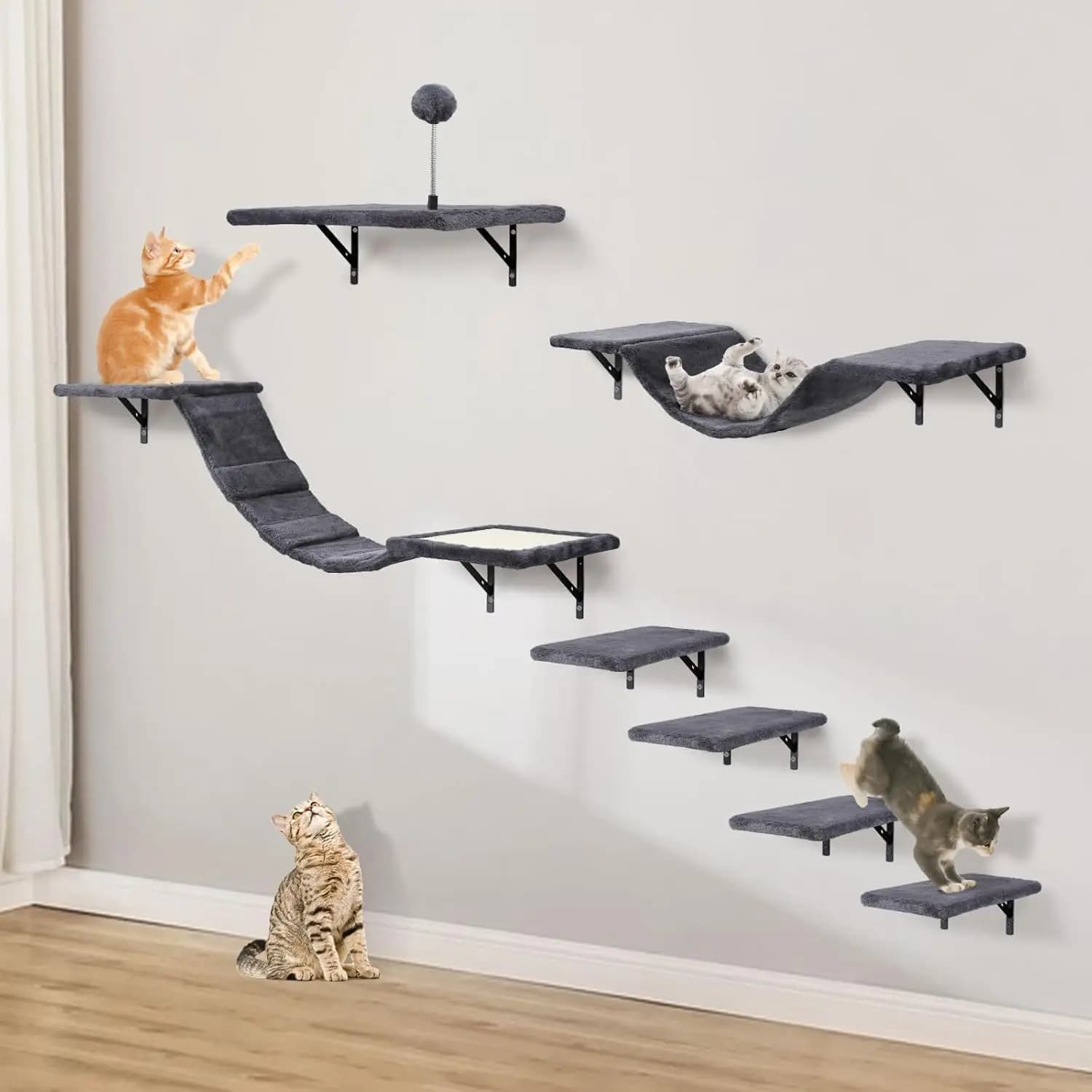 Set da Arrampicata per Gatti da Interno, in Legno, Grigio Scuro, Montabile a Parete con 7 Pezzi per il Divertimento dei Gattini