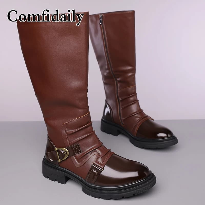 Stivali Alti da Uomo Stile Britannico alla Moda, Stivali a Tubo Lungo Comodi, Resistenti all'Usura e Antiscivolo in Pelle - C1303