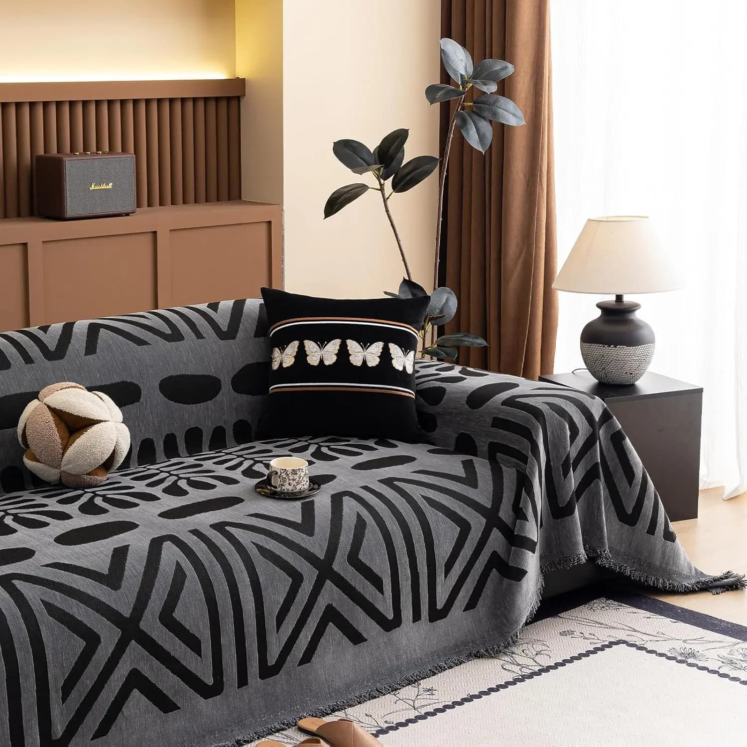 Copridivano Geometrico a Righe per Animali Domestici, Grigio Scuro e Nero in Ciniglia, Lavabile, 180 x 380 cm