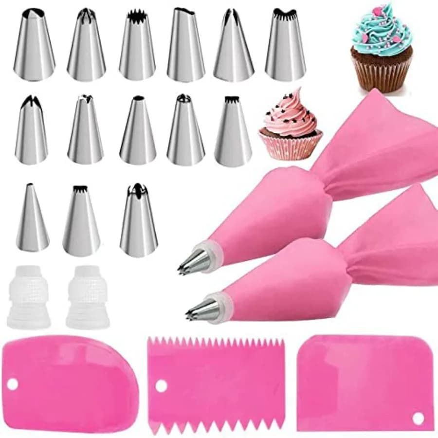 Silicone Icing Ping Bag, Reusable Cream Pastry Bag Set DIY Cake Decorating Tool Pink, 14×Ping t, 2×Icing Cream Pastry Bag and 2