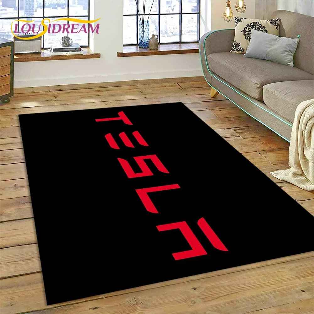 3D Printing Tesla Car Logo Carpet Rug for Bedroom Living Room Home Sofa Decoration,Children Game Large Decor Floor Mat Non-slip