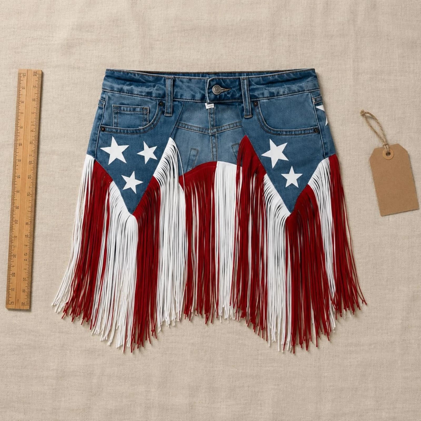 Denim Fringe Skirt Patriotic Waist Belt Skirt Waist Belt Accessory Star Print Layered