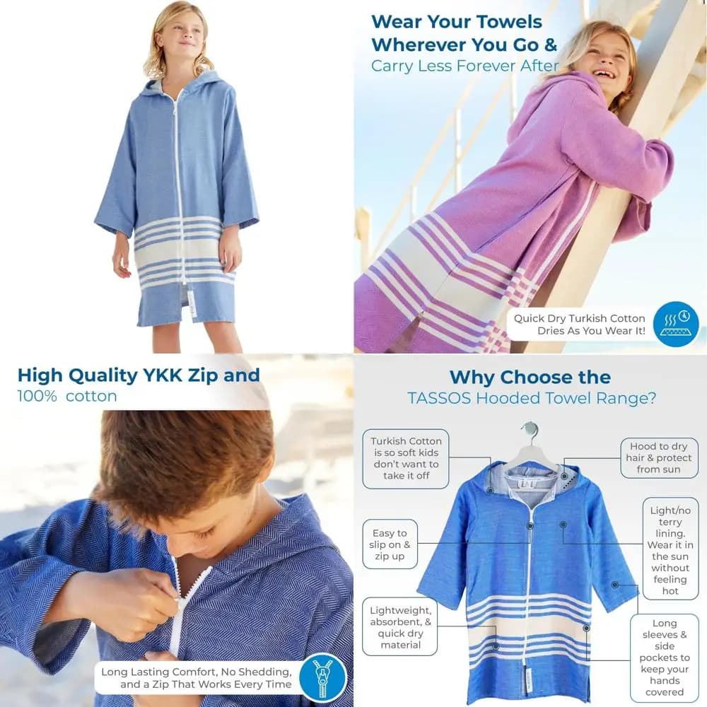 Light bathrobes for children and cap towels - Turkish bath towels with zipper and pockets - Perfect gift for children