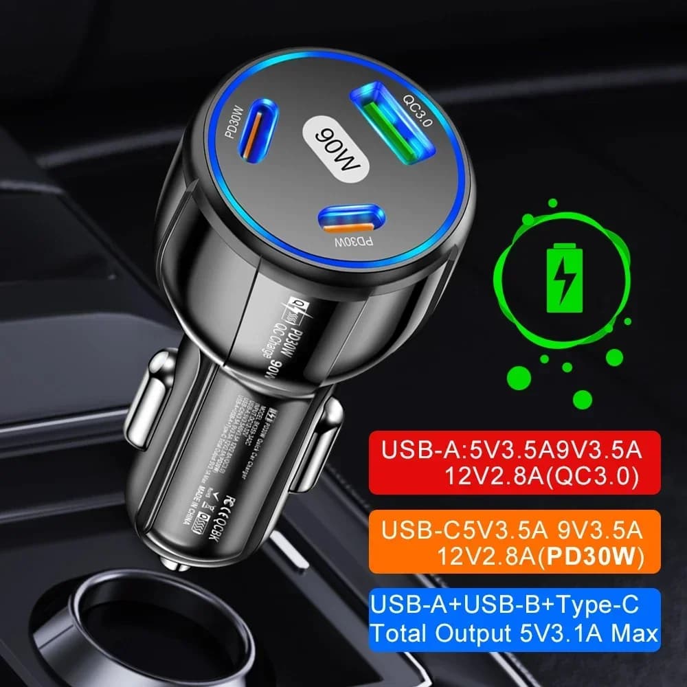 Caricabatterie da auto 90W PD a 3 porte con ricarica rapida QC3.0 USB Type C, adattatore per telefono da auto per iPhone 12, Xiaomi, Samsung, caricatore rapido.