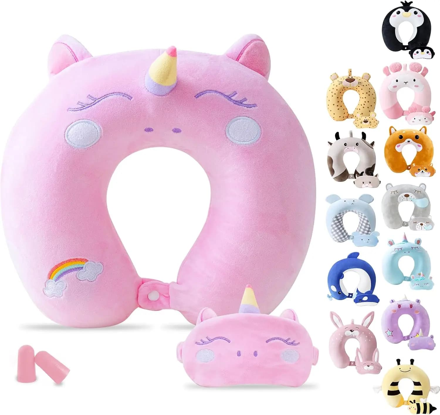 Cuscino da Viaggio per Bambini, Simpatico Cuscino per il Collo in Memory Foam con Maschera per Dormire, Supporto per la Testa e il Collo per Auto, per Bambine