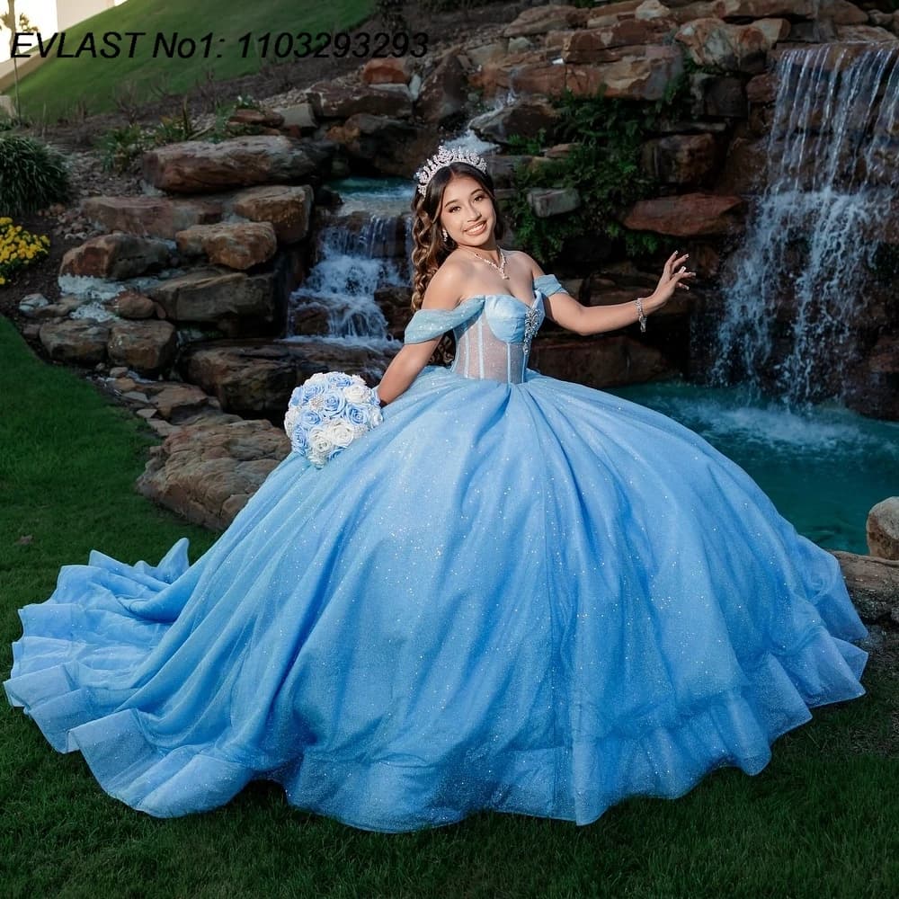 EVLAST Personalizzato Lucido Cielo Blu Abito di Sfera Abito Quinceanera Glitter Applique In Rilievo di Cristallo Dolce 16 Abiti Da 15 Anos E1Q916