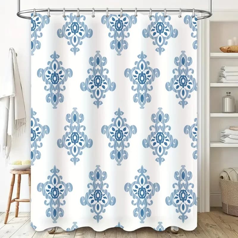 Tenda da doccia floreale blu, tappeto da bagno impermeabile, set di decorazioni per la casa, bagno, doccia, decorazioni per bambini, ragazze, bianco B