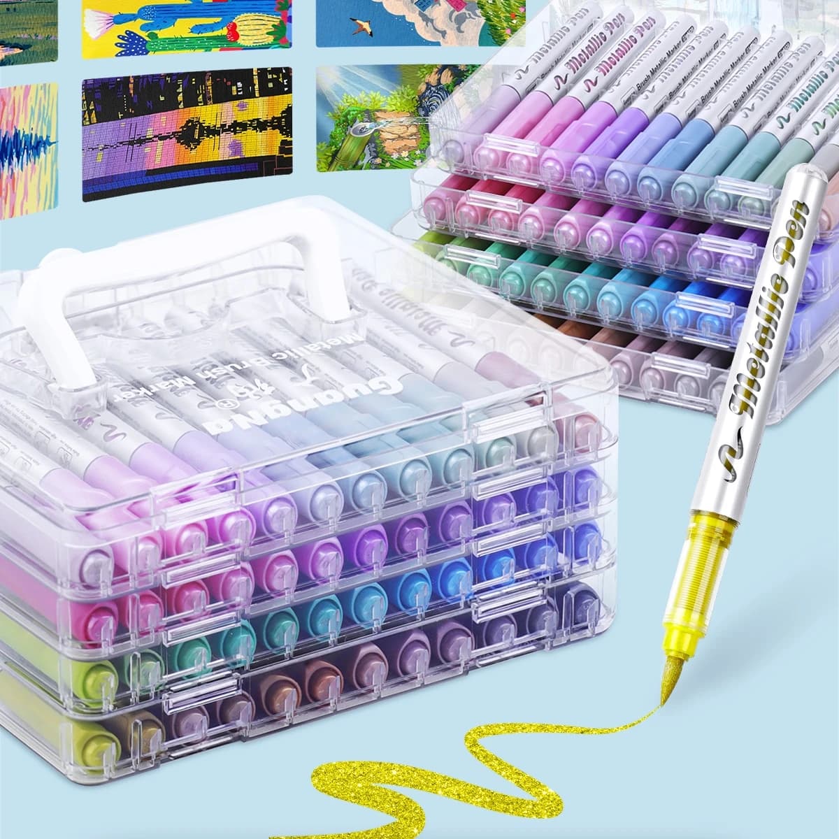 Metallic Brush Marker Pens,Automatic Ink Control Acrylic Paint Metallic Pens Art Markers With Layered Storage Box,Brush Tip