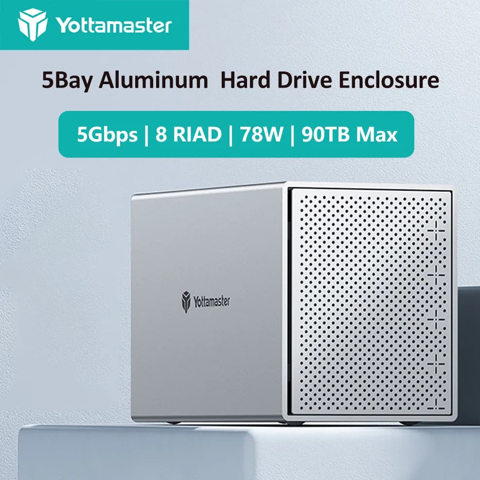 Yottamaster Box Esterno per Hard Disk a 2/4/5 Bay, 8 Slot RAID per SSD/HDD SATA da 3.5/2.5'', in Alluminio, Max 90TB, 78W, DAS per NAS PC Laptop