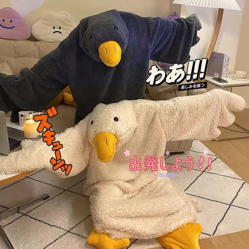 Cute Big Goose Hooded Sleep Gown, Thick Coral Fleece Funny Cartoon Onesie Pajamas, Oversized Long Plush Couple Loungewear
