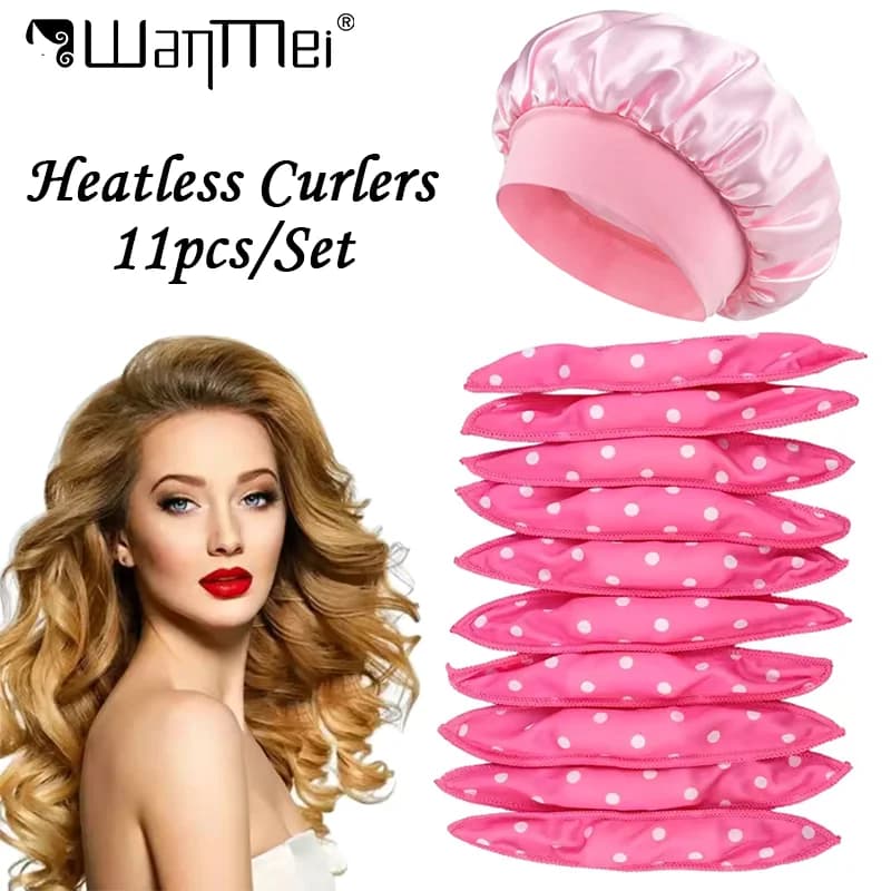 11pcs Hair Curlers Kit Heatless Foam Rollers with Sleeping Cap Soft Satin Bonnet Flexible Foam Sponge Curly Hair Accessories