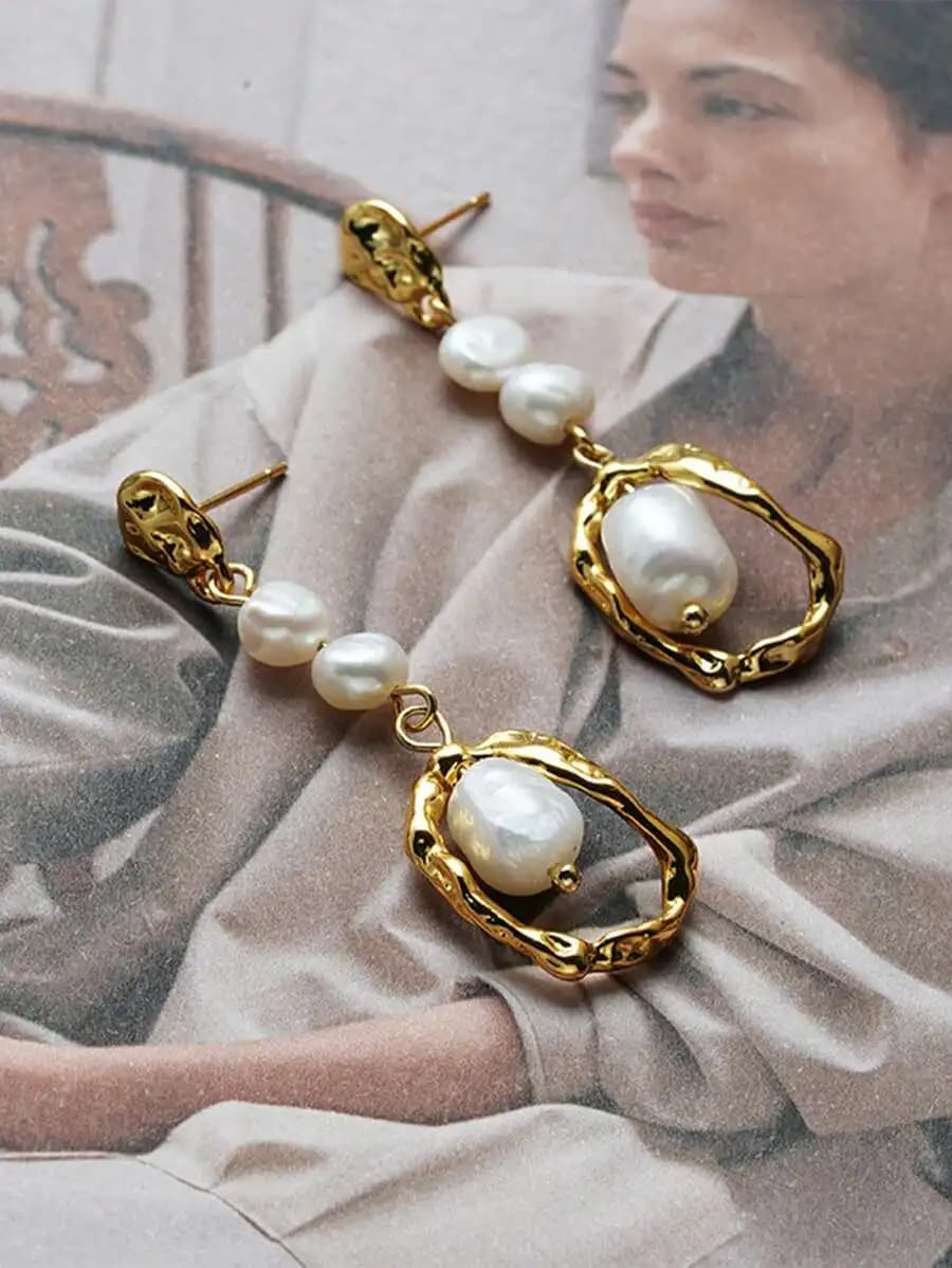 1pair Natural Pearl Earrings For Women, European And American Style Luxurious Long Ear Studs With High-End Feeling