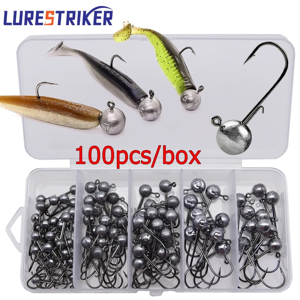 Lurestiker 100 pz/scatola 1g 1.5g 2g 2.5g 3g jigging testa ami da pesca, grub morbido verme richiamo ganci per spigola luccio pesce persico e mariglia
