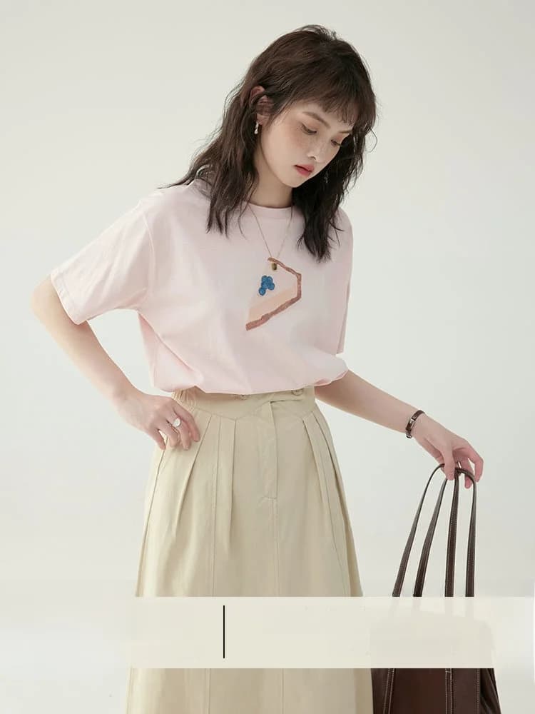 North Island AMUU Japanese Style Casual Versatile Short Sleeve round Neck Cake Print T-Shirt Summer Simple Matching Ladies Top