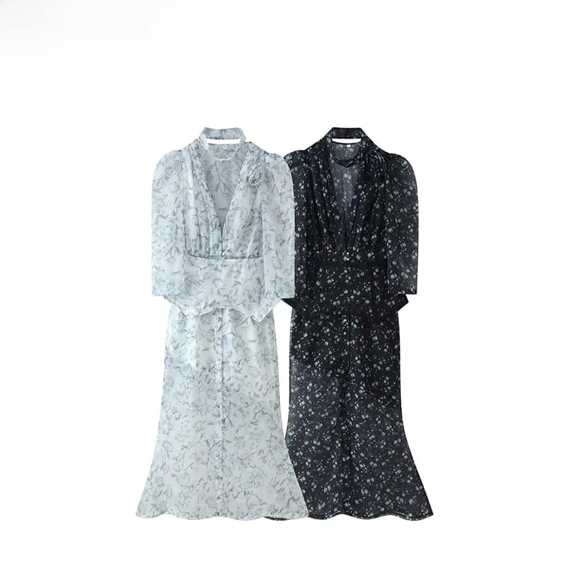 Fashionable Floral Print Dress with Belt Thin Veil All Match Waist Seal Circle for Women Summer New Style Casual Long Sleeve