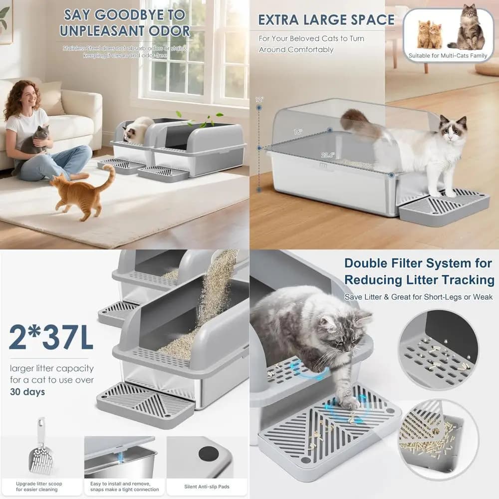 Lettiera Extra Large in Acciaio Inossidabile con Coperchio per Gatti Grandi - Pareti Alte, Facile da Pulire, Anti-Perdita