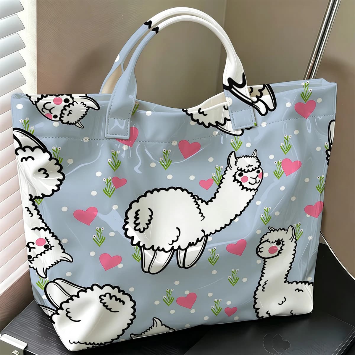 Llama Pattern Cute Large Glossy PVC Tote Bag Hand Washable Lightweight Soft Great for Travel Commute Makeup Storage Handbags