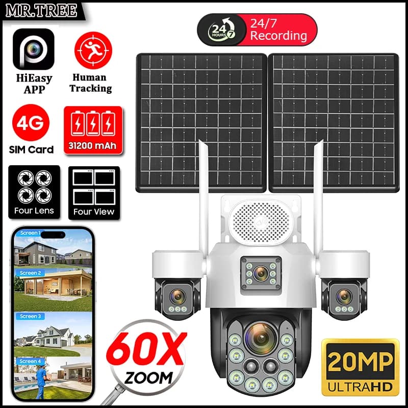AOV Telecamera solare di sorveglianza esterna a quattro obiettivi 20MP 4G SIM 60X Zoom ottico Sicurezza domestica Telecamere di tracciamento automatico PTZ Registrazione 24 ore su 7