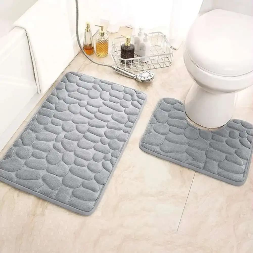 Set di tappetini da bagno in memory foam morbido, supporto in gomma antiscivolo, tappetini da bagno in 2 pezzi in rilievo con pietra per cucina e ingresso