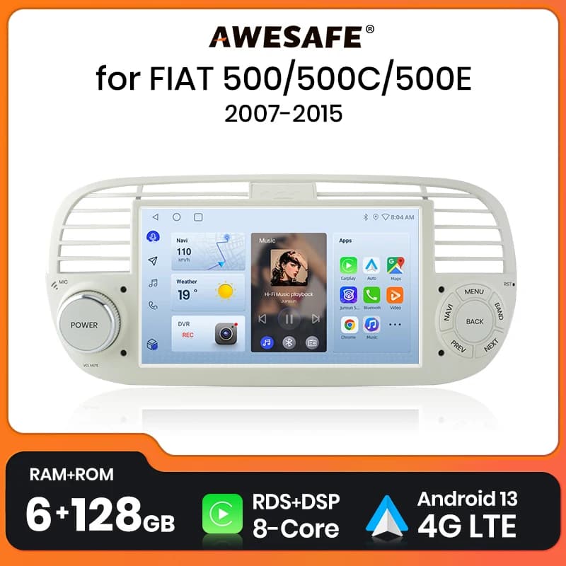 AWESAFE Wireless CarPlay Android 13 Radio per FIAT 500 Abarth 2007 2008 2009-2015 navigazione GPS Stereo sistemi intelligenti per auto