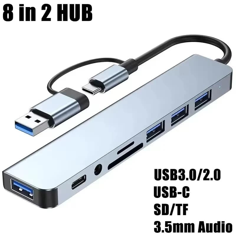 8 in 2 USB-C HUB USB Splitter USB Extender with 4 USB Port 1 USBC Port TF/SD Card Reader Audio Output Compatible with MacBook