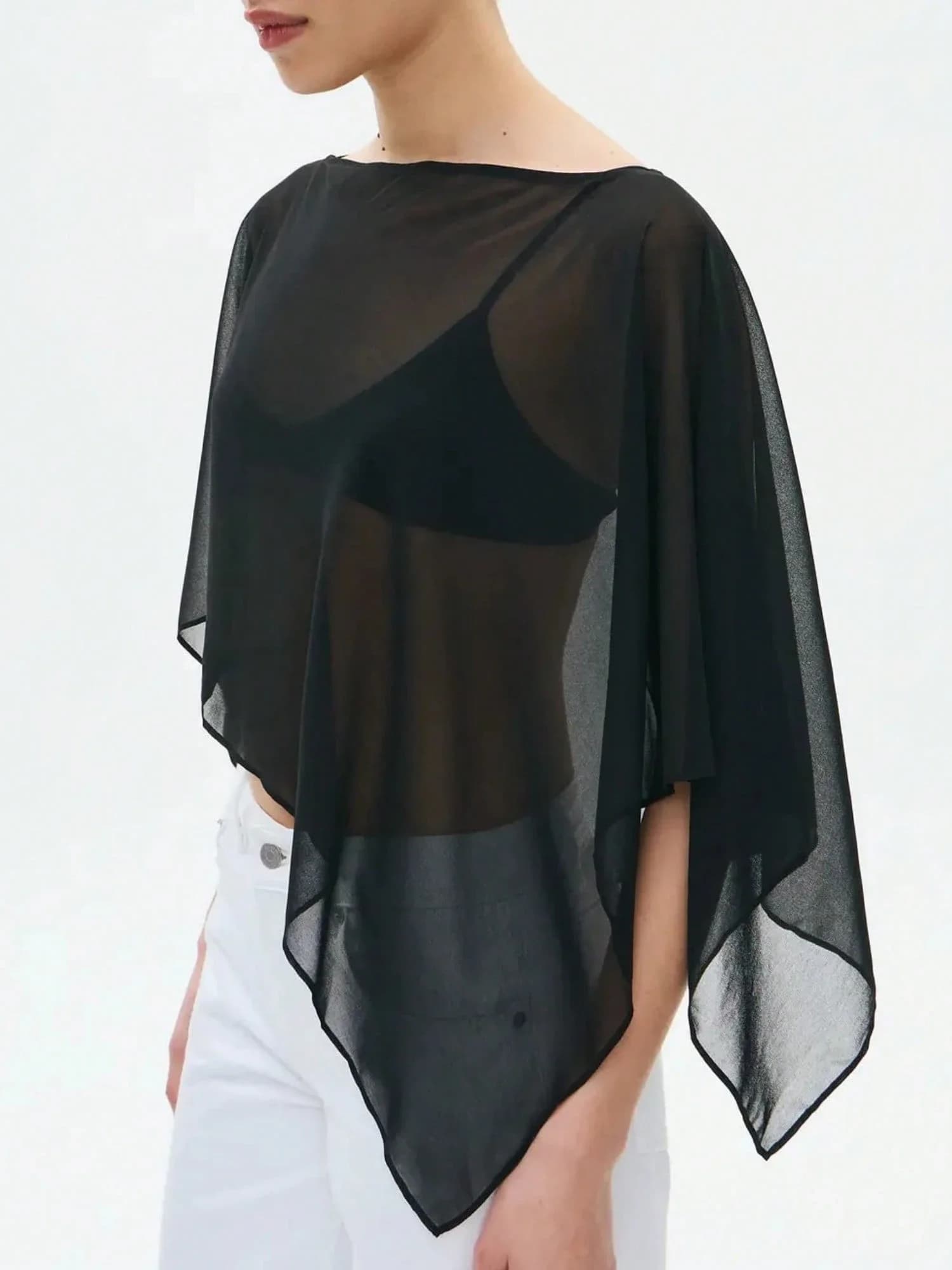 Poncho asimmetrico da donna in rete trasparente, monospalla, leggero, copricostume