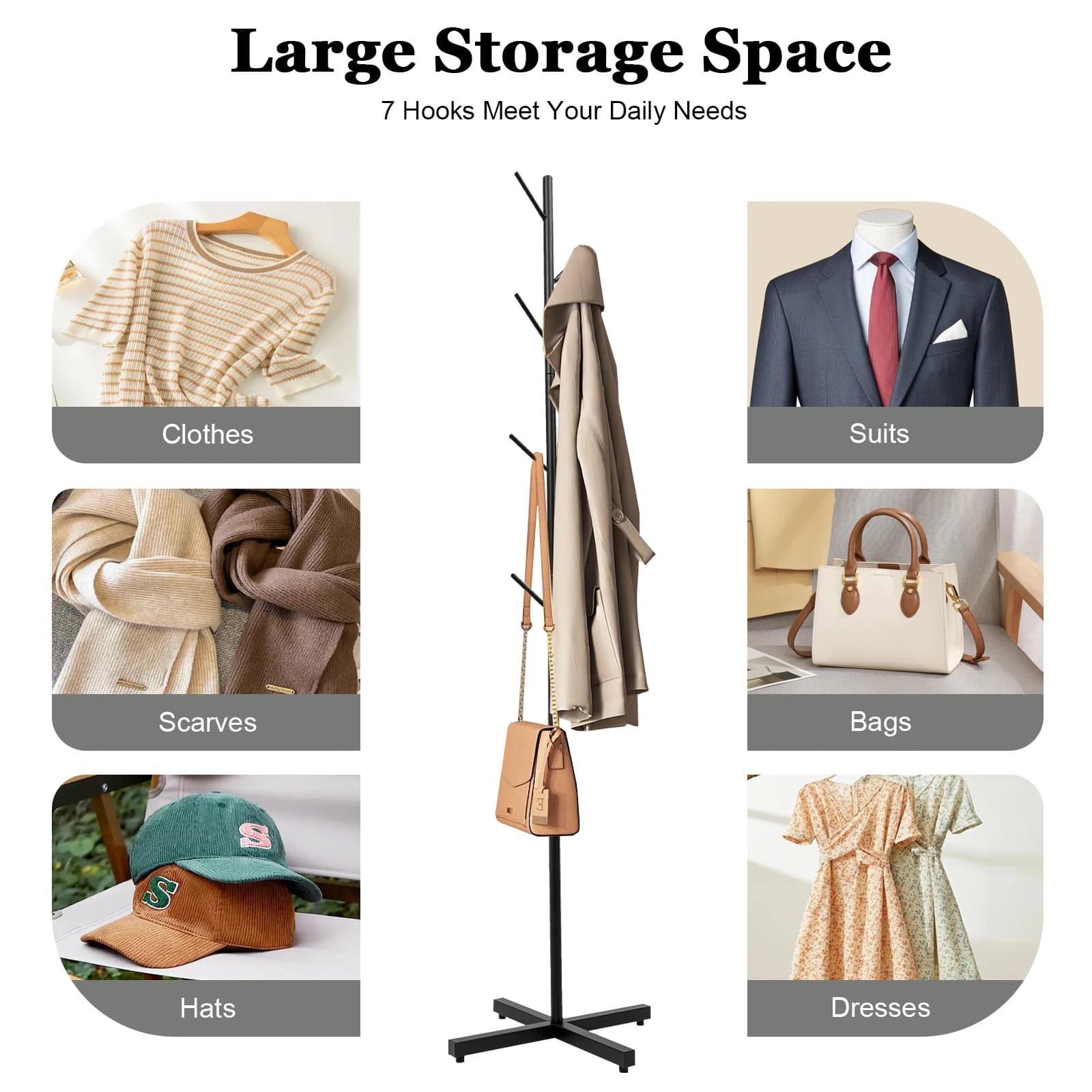 Tree-shaped hanger with 7 hooks, self-supporting metal coat hangers, multifunction coat hangers