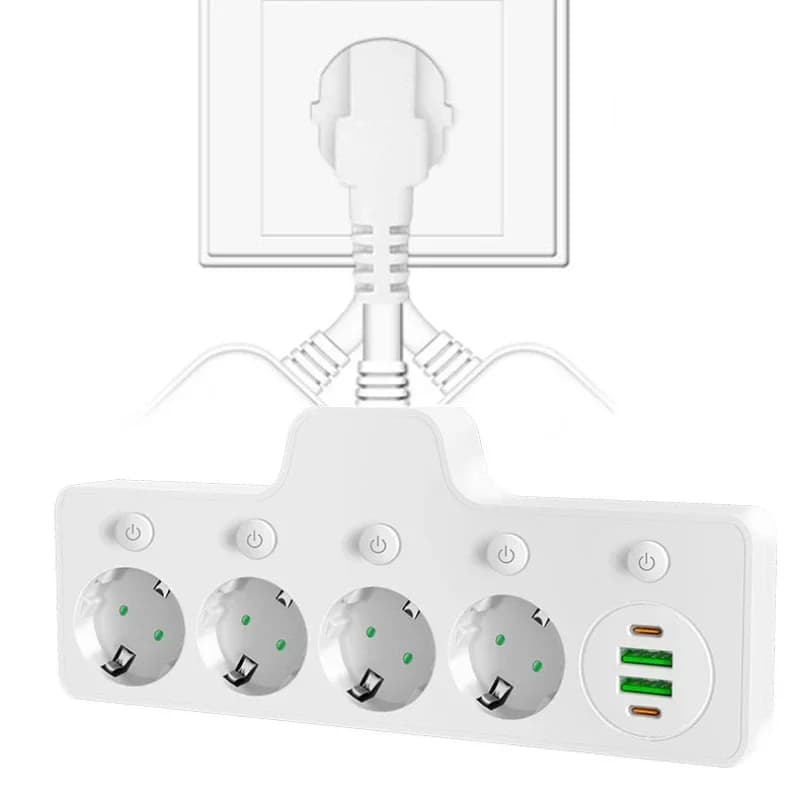 EU plug 2 sockets 3 or 4 with 2.1A 2 USB ports 2 Type-C Electric socket 8 cm long for home and office socket