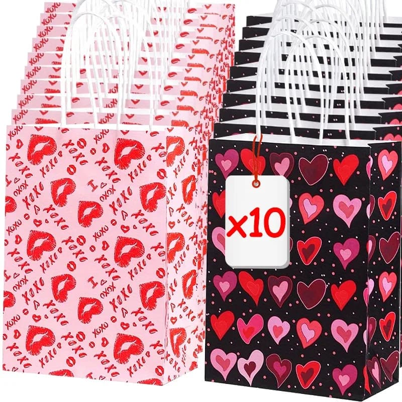 10/1 sacchetti regalo in carta stampata con cuore d'amore e bacio per matrimoni, compleanni, capodanno, San Valentino, bomboniere, decorazioni