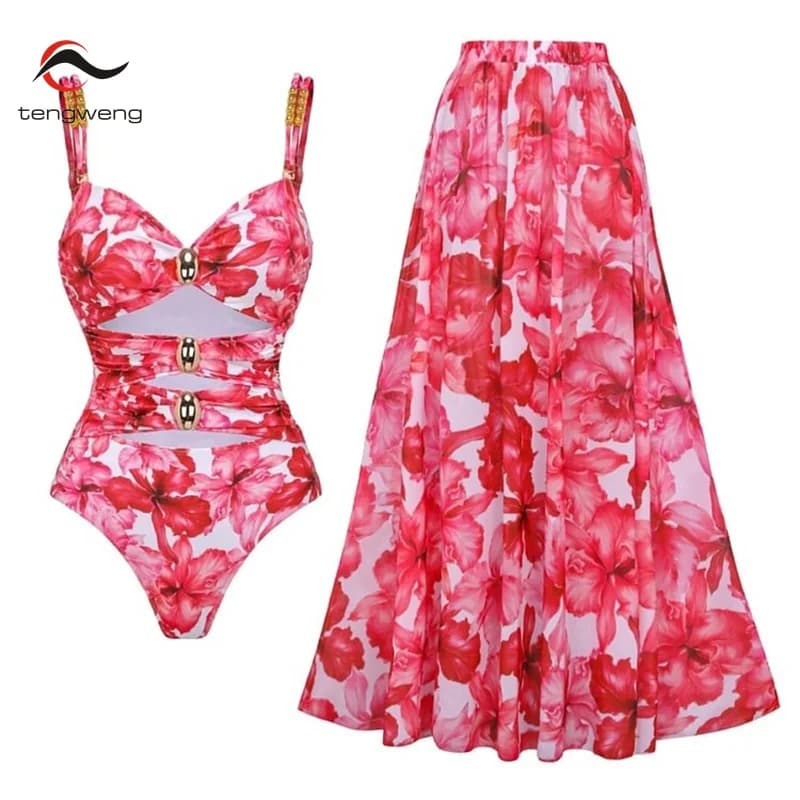 3D Flower One Piece Swimsuit and Skirt 2025 Sexy Swimwear Women Push Up Bodysuit Monokini Swim Suit Bathing Suit Beachwear