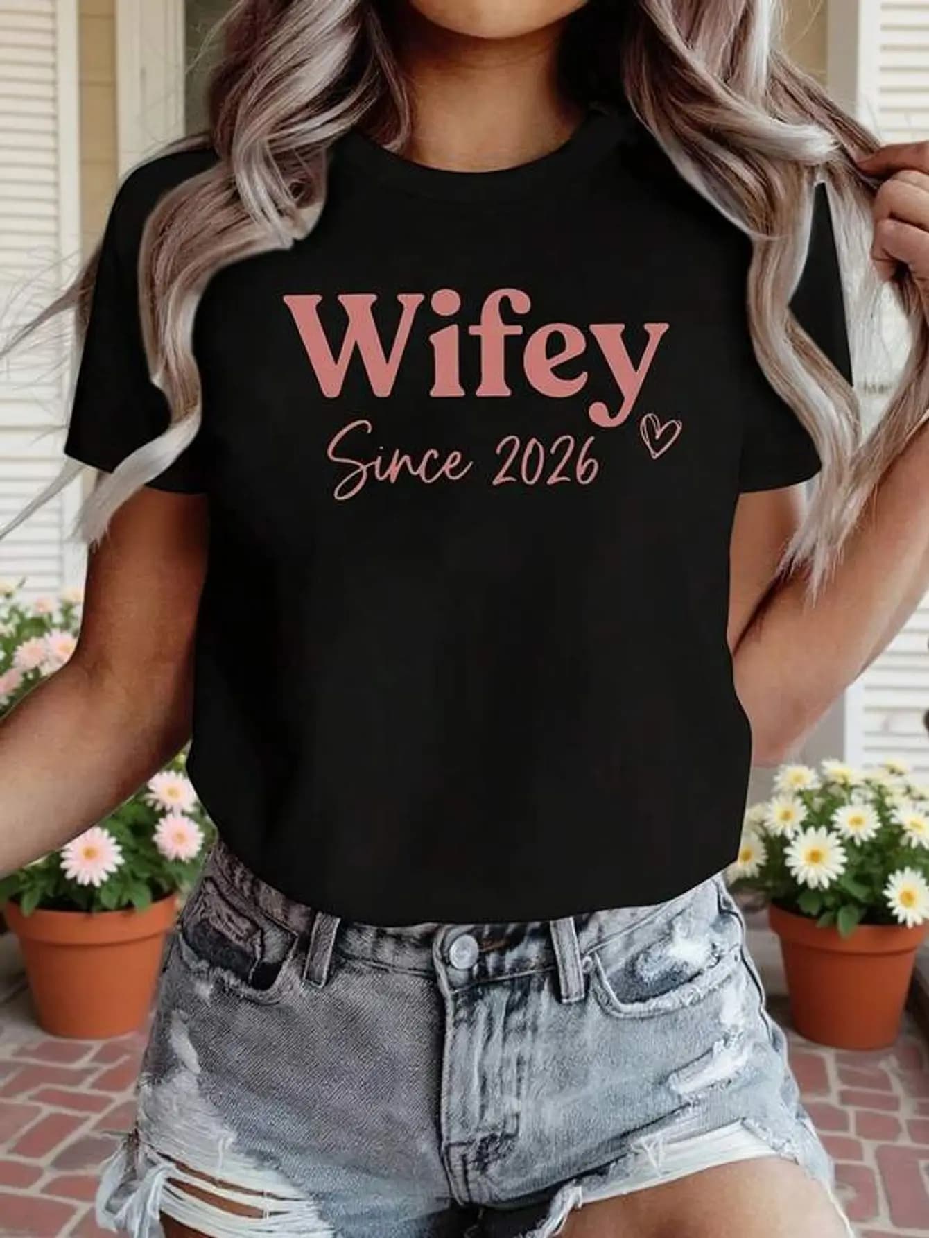 Wifey Since 2026 Graphic Print Women'S T-Shirt | Casual Crew Neck, Spring/Summer, Medium Stretch Fabric, Regular Length