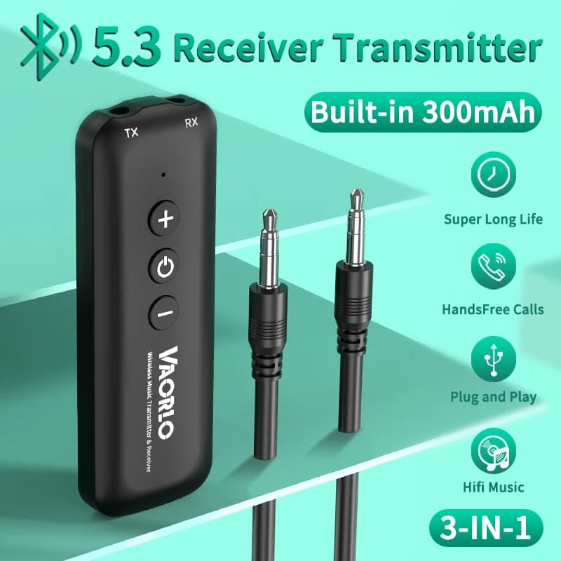 Bluetooth 5.3 3 IN 1 Bluetooth Audio Receiver Transmitter Wireless Adapter for 3.5 mm AUX stereo music with microphone for PC TV Headphones Car Kit