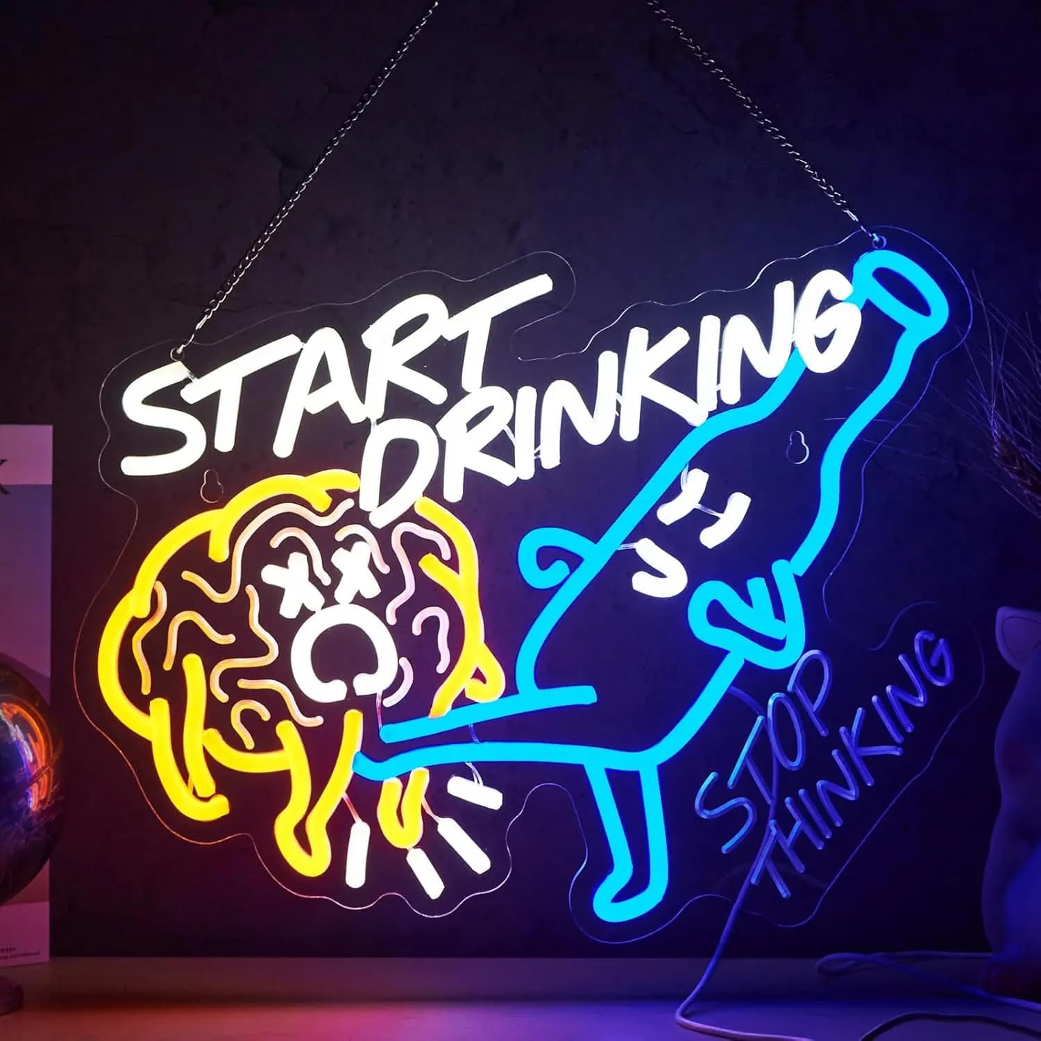 Insegna al neon 'Start Drinking Stop Thinking' - Luce LED USB per bar, casa, man cave, pub, decorazione da parete e regalo aziendale