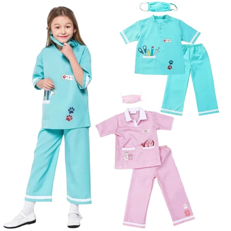 Doctor's, Nursing or Veterinary Costume for Girls, Complete Set with Cartoon Patterns, Tops, Trousers and Mask for Role Games, Also suitable for Boys