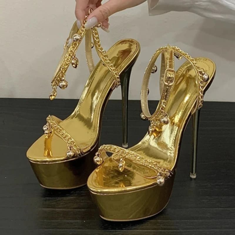 Luxury Heart Shaped Bell Pendants Design Sandals Women's Ankle Strap With New Chain Gold Plated Sandals With High Heel Sexy Dance Shoes