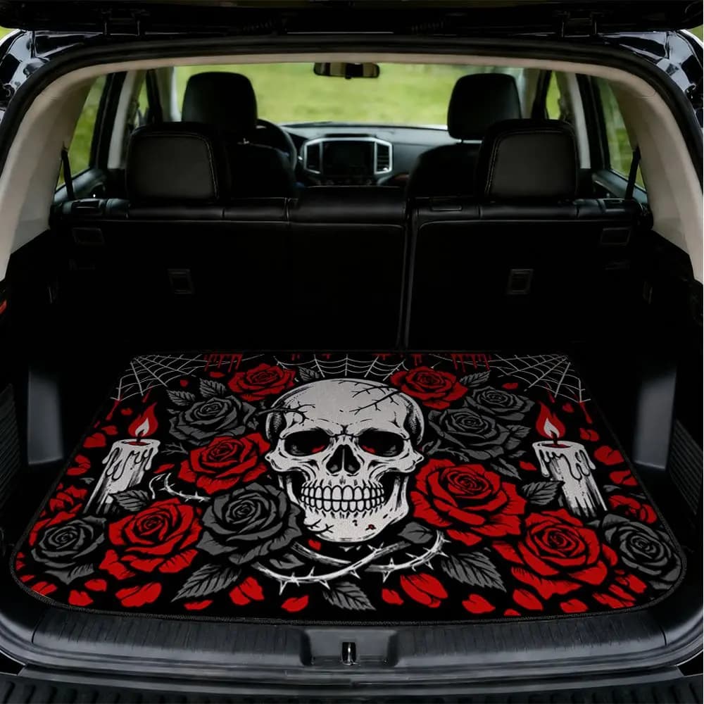 Gothic Skull Red Roses Candles Car Trunk Mat Halloween Cargo Liner Universal Protector For SUV Non-Slip Auto Interior Decor