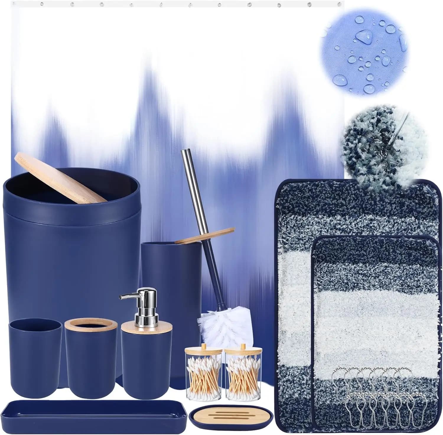 Tenda da Doccia Impermeabile Blu Navy Sfumato con Tappeto Ultra Assorbente, Set di Accessori per il Bagno per Arredamento Casa