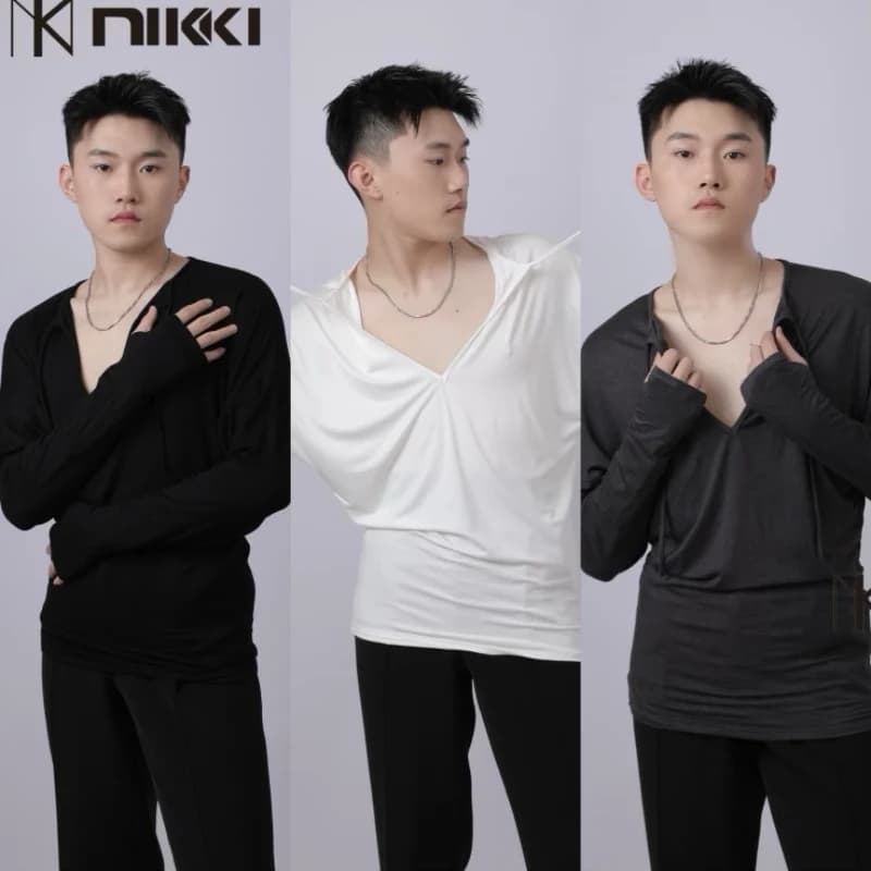 Maglietta da ballo latino Cha Cha Rumba per uomo adulto, scollo a V, maniche lunghe, per allenamento, abbigliamento da ballo, top da salsa per club DNV25518