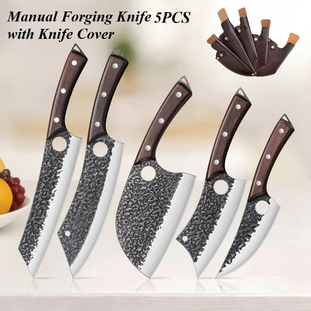 1/4/5 Piece Kitchen Knife Set Hand-Forged Kitchen Knives Wooden Handle Butcher Knife with Leather Sheath Sharp Household Knives