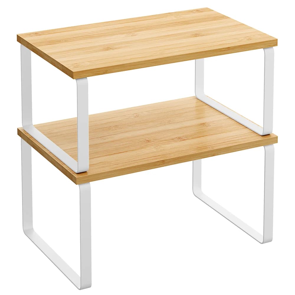Set of 2 brochure holders, extendable kitchen organizers, adjustable metal and engineered wood shelves, easy to mount with illustrations.
