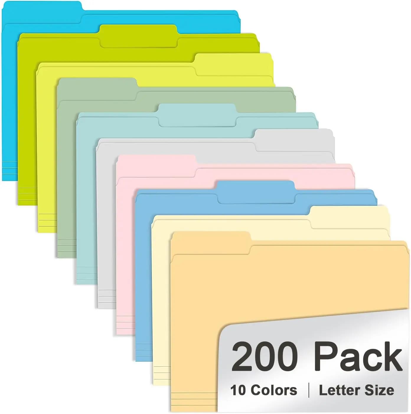 Confezione da 200 Cartelle Colorate, Formato Lettera con Linguette Tagliate a 1/3, 10 Colori Assortiti per Organizzazione Ufficio, Scuola e Azienda