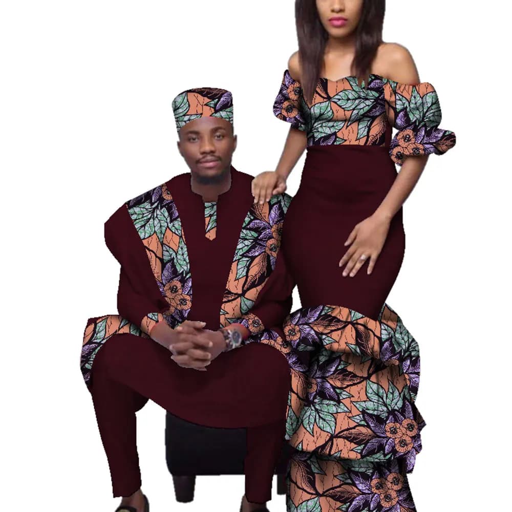 Abiti per coppie africane Abiti per donna Bazin Riche Abiti lunghi Abiti da uomo africani con stampa Abito Top e pantaloni Pantaloni