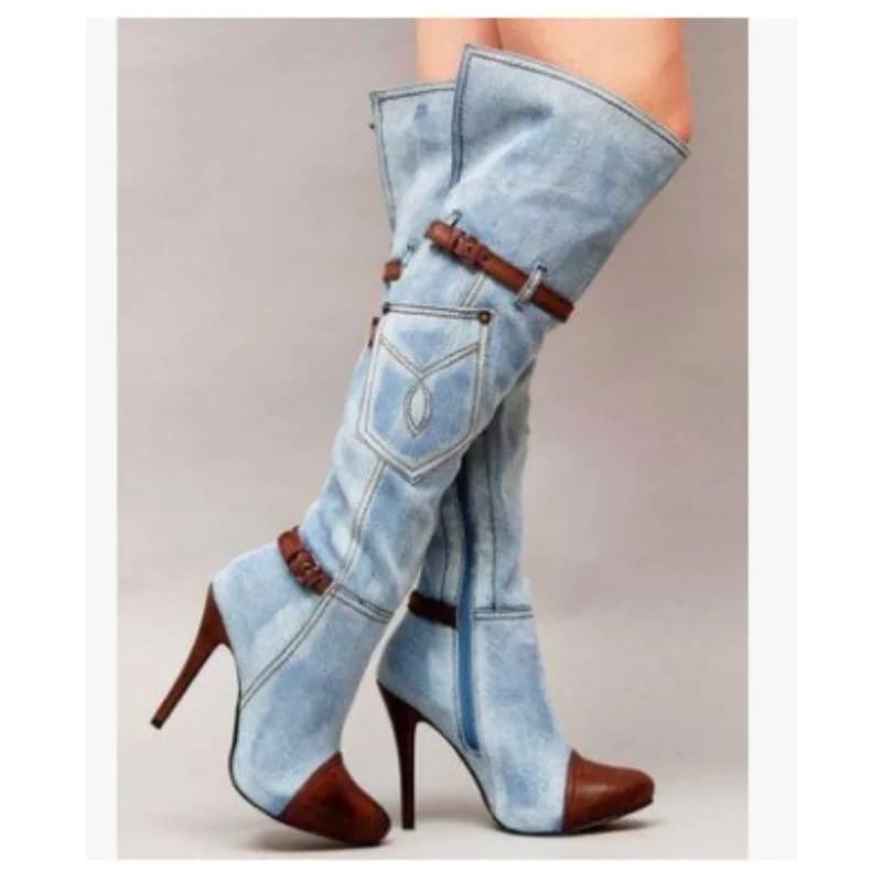 Botas Above Knee Boots Women's Autumn Winter Denim High Heels Women's Shoes Sexy Strap With Buckle Platform Boots Long Boot High at Thigh