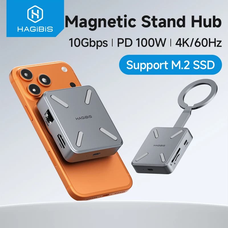 Hub USB-C Magnetico Hagibis con Enclosure SSD 2230, Hub Type-C, SD/TF 4.0, HDMI 4K@60Hz, Gigabit Ethernet per iPhone 17 Pro 16