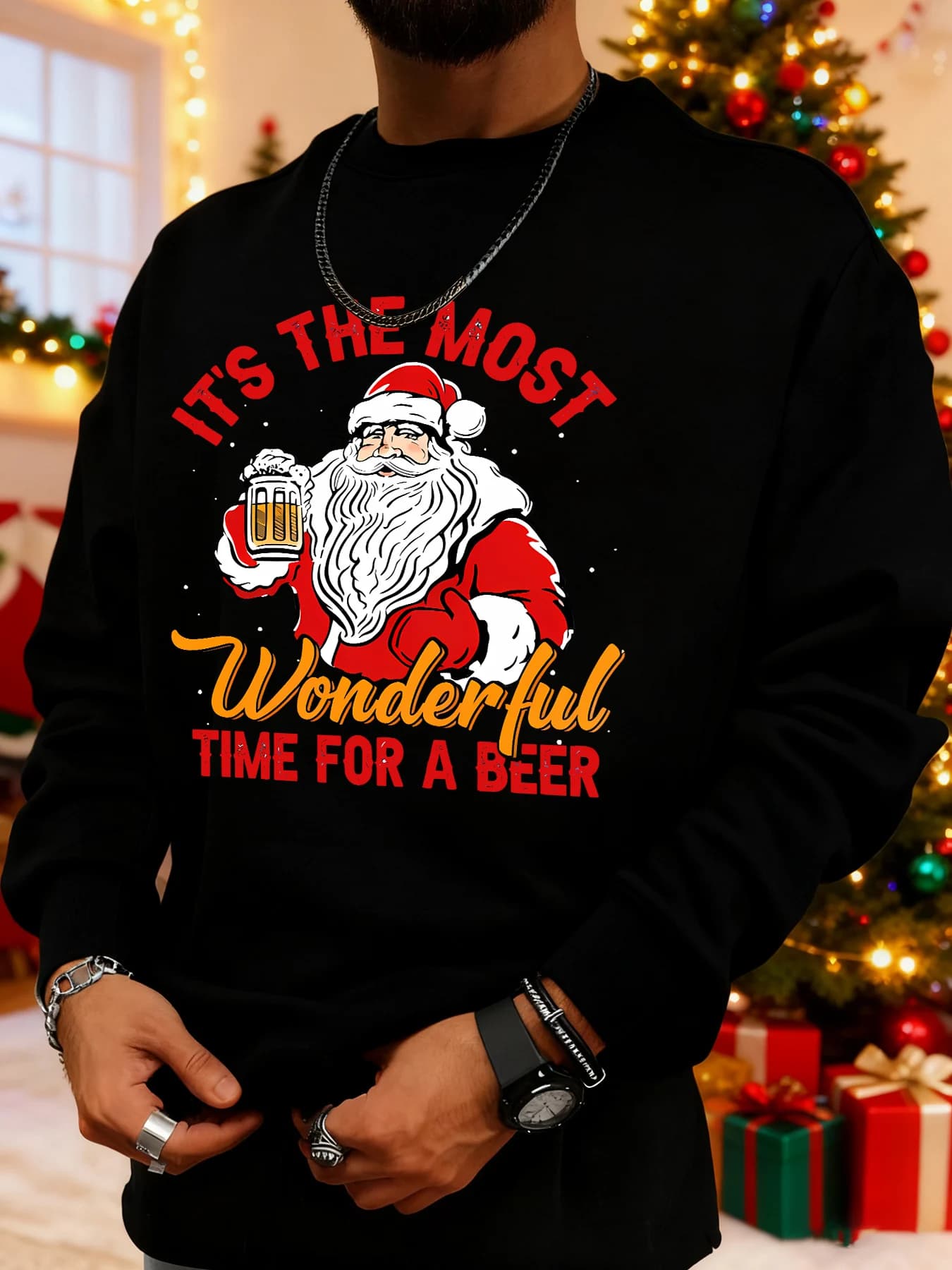 Felpa da uomo rossa Babbo Natale con tazza di birra adatta per riunioni di famiglia Abbigliamento casual a tema natalizio
