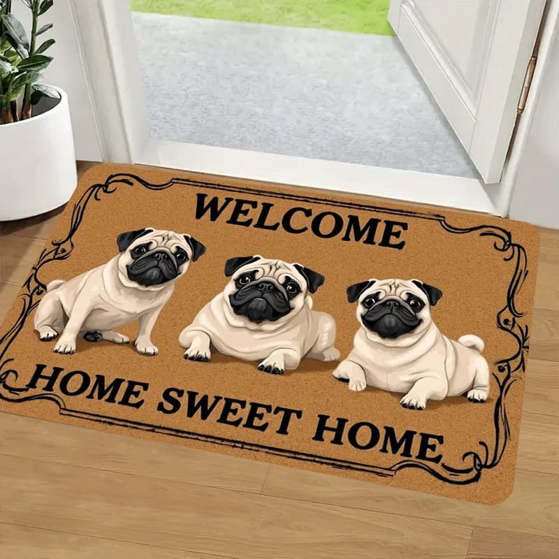 Tappeto di benvenuto con stampa cane Pug in velluto e flanella, design Home Sweet Home, tappeto decorativo per ingresso e arredamento casa