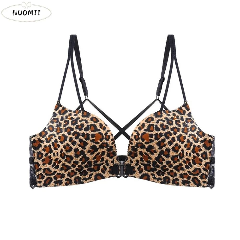 Backless Wireless Bra Push Up Underwear Leopard Print Bra Deep V Anti-sagging Front Button Bra Anti-Sagging Support