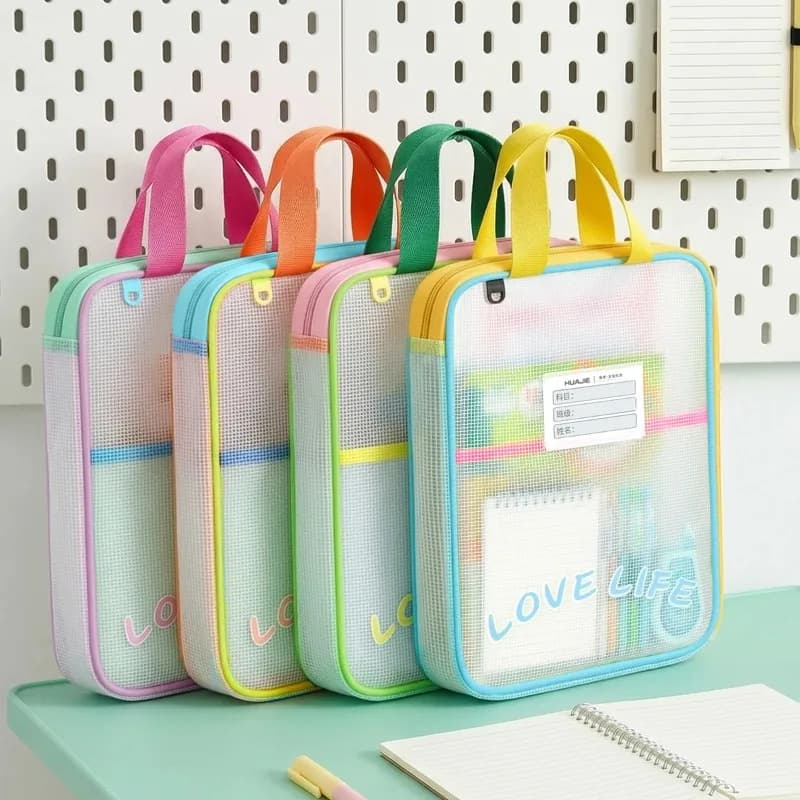 1 borsa portaoggetti a 3 strati a forma di L con ampia apertura, borsa portatile per materiale didattico, quaderni e organizer per cancelleria