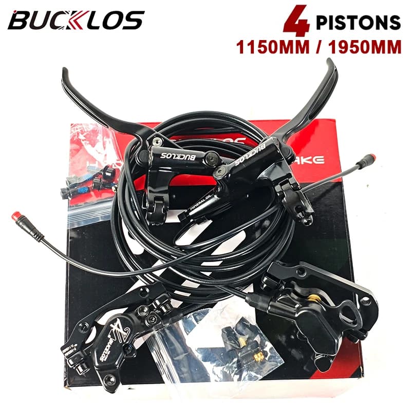 BUCKLOS Freno idraulico per bici a 4 pistoni Spegnimento E-Bike Scooter elettrico Freno a disco 1150mm 1950mm MTB Freno per bicicletta Parti di ciclismo